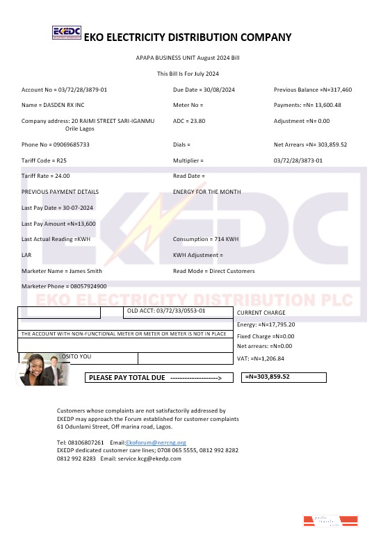 Nigeria Eko Electricity Distribution Company (EKEDC) business utility bill template in Word and PDF formats